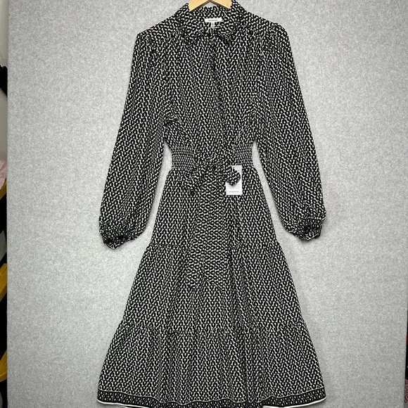 Max Studio Womens XL Black White Geometric Tiered Midi Dress Smocked Waist NEW - Picture 1 of 5